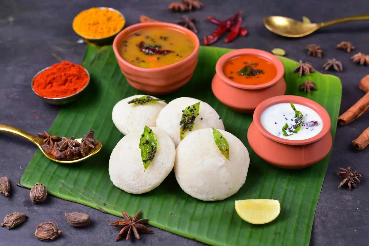 A South Indian meal of idli on a banana leaf with sambar, chutneys, and spices